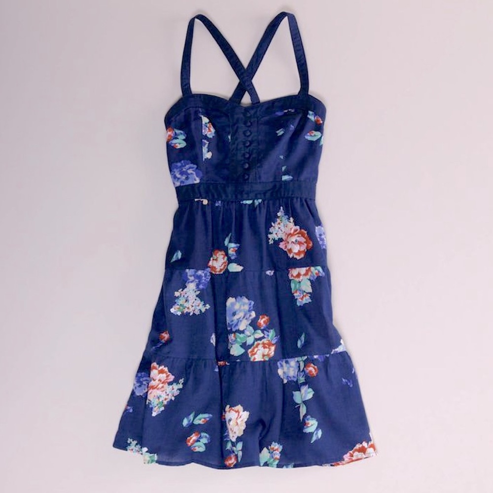 American Eagle Floral Corset Dress, Navy, 6